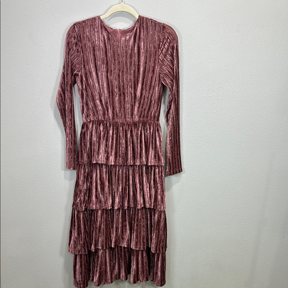 JessaKae velvet Eiffel Tiered‎ Pink Long Sleeve dress Gown